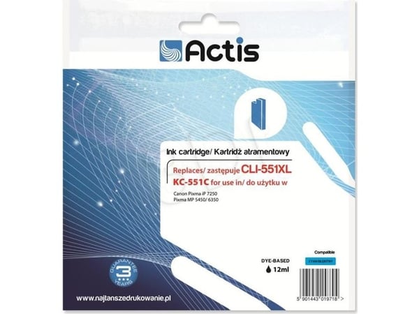 Actis KC-551C, Standard utskriftsproduksjon, Cyan, Fargestoffbasert blekk, 12 ml, 1 stykker, Enkeltpakke