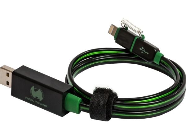 RealPower USB A/Lightning 0.75m, 0,75 m, Lightning, USB A, Musta, Vihreä, Suora, Suora