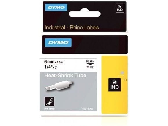 DYMO Shrinkflex valkoinen 6 mm, kutistesuhde 3:1, pituus 1,5 metriä, kaapelin halkaisija min. 1,18 mm max. 2,33 mm