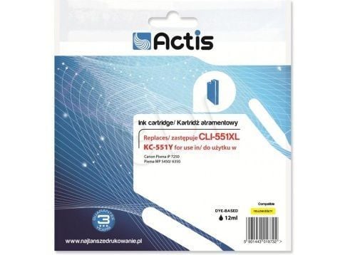 Actis KC-551Y, Standard utskriftsproduksjon, Gult, Fargestoffbasert blekk, 12 ml, 1 stykker, Enkeltpakke