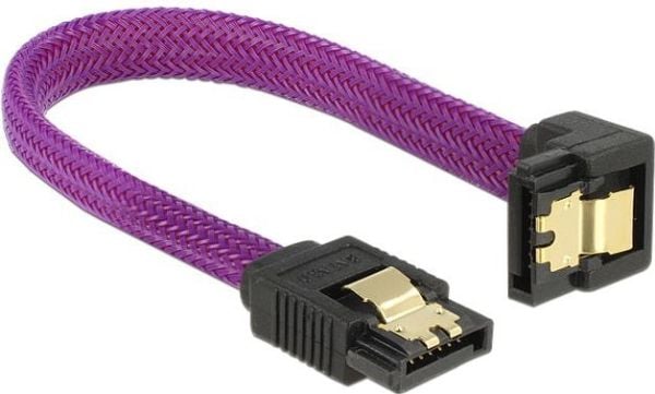 Delock Premium - SATA-kabel - Serial ATA 150/300/600 - SATA (hann) til SATA (hann) - 10 cm - låst, 90° kontakt - purpur