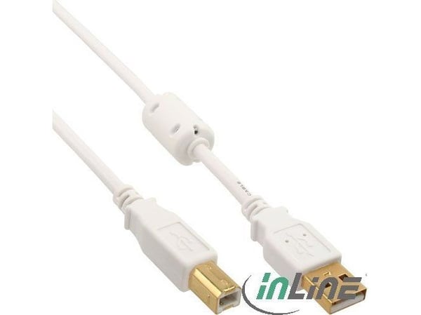 InLine 34510W, 1 m, USB A, USB B, Uros/uros, 0,48 Gbit/s, Valkoinen