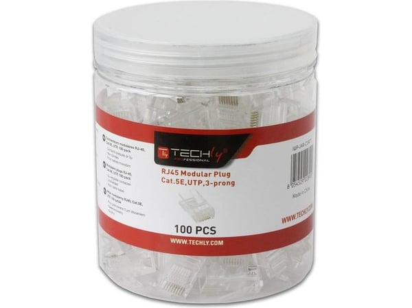 Techly Modulaarinen pistoke, RJ45, 8P8C, Cat5e, UTP, johdolla, purkki, 100 kpl (028900)