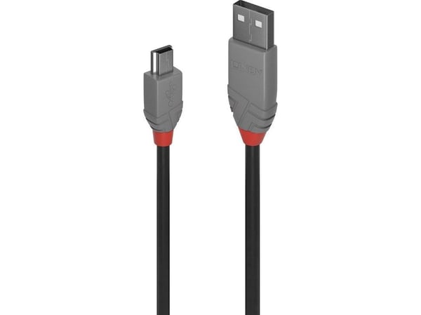 Lindy 36722, 1 m, USB A, Mini-USB B, USB 2.0, 480 Mbit/s, Sort, Grå