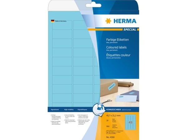 HERMA 4368, Sininen, Itse kiinnittyvä tulostintarra, A4, Paperi, Laser/Inkjet, Irroitettava
