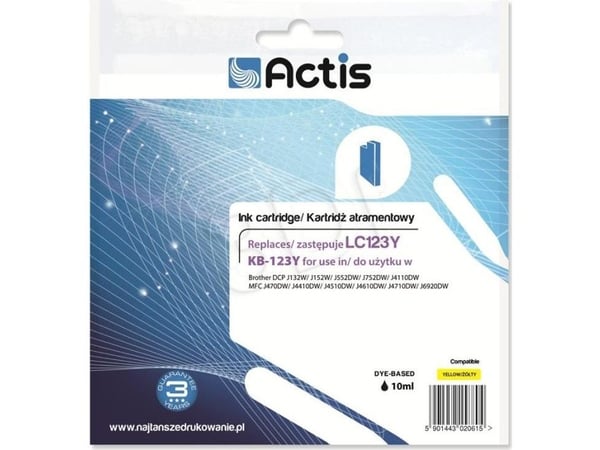 Actis KB-123Y, Standard utskriftsproduksjon, Fargestoffbasert blekk, 10 ml, 1 stykker, Enkeltpakke