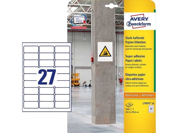 Avery L7874-20, Hvit, Avrundet rektangel, Permanent, Papir, 27 stykker, 20 ark