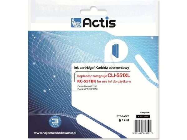 Actis KC-551Bk, Standard utskriftsproduksjon, Svart, Pigmentbasert blekk, 12 ml, 1 stykker, Enkeltpakke