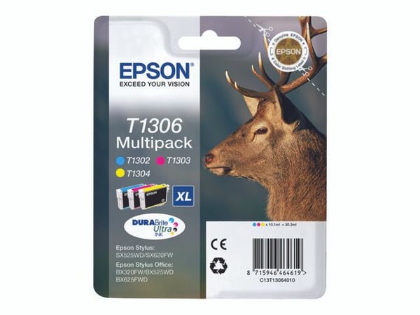 Epson Stag Monipakkaus, 3 väriä T1306 DURABrite Ultra -muste, Korkea (XL) värintuotto, Syaani, Magenta, Keltainen, Väriainepohjainen muste, 10,1 ml...