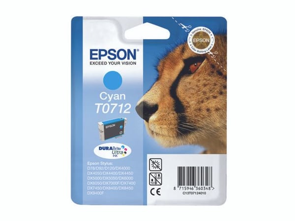 Epson T0712 - 5,5 ml - syaani - alkuperäinen - läpipainopakkaus - värikasetti - Stylus DX9400, SX115, SX210, SX215, SX215, SX218, SX415, SX515, SX6...