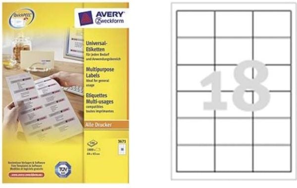 Avery - Selv-adhesiv - hvit - 64 x 45 mm 1800 stk (100 ark x 18) merkelapper