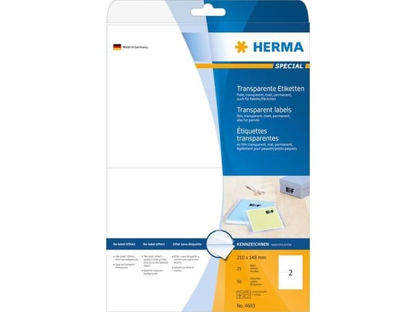 HERMA 4683, Läpinäkyvä, Itse kiinnittyvä tulostintarra, A4, Laser, Kiinteä, Matta