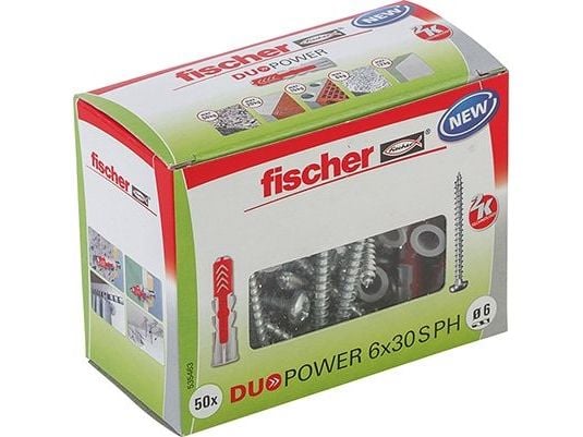Fischer DUOPOWER 6 x 30 PH LD, Ekspansjonsanker, Betong, Metall, Grå, Pozidriv, PZ2