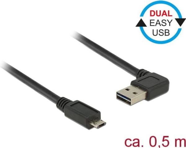 Delock Easy - USB-kabel - USB (hann) venstre/høyre-vinklet til Micro-USB type B (hann) rett - USB 2.0 - 50 cm - reversible kontakter - svart