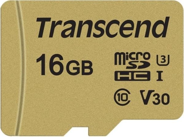 Transcend 500S - Flashminnekort (microSDHC til SD-adapter inkludert) - 16 GB - Video Class V30 / UHS-I U3 / Class10 - microSDHC