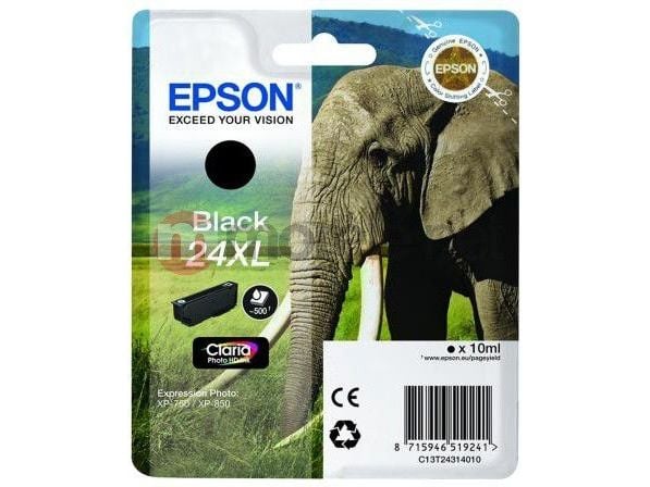 Epson Elephant 24XL Norsu Claria Photo HD, yksittäispakkaus, musta muste, High (L) Yield, Musta, Väriainepohjainen muste, 10 ml, 1 kpl, 500 sivua