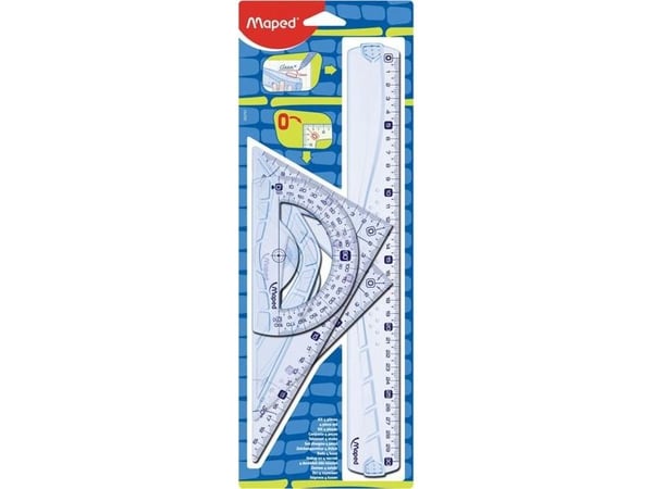 Maped Maxi, Protractor, Linjal, Trekant, 4 stykker, Gjennomsiktig, Plastikk, 45° & 60°, Halvsirkel