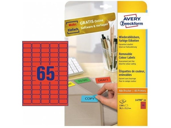 Avery - Fjernbart adhesiv - rød - 38.1 x 21.2 mm 1300 etikett(er) (20 ark x 65 merkelapper