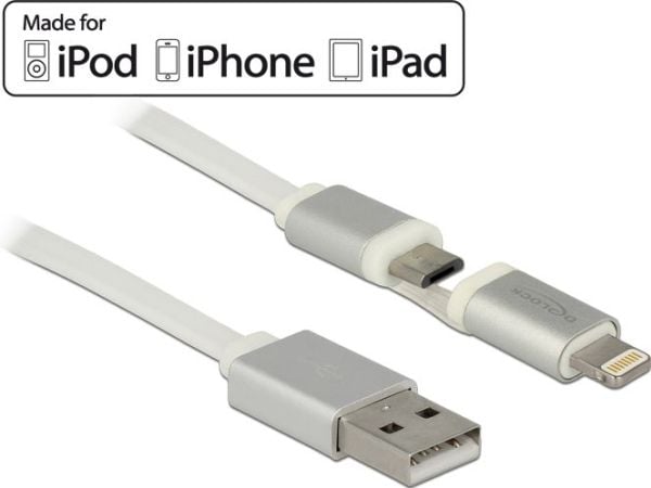 DeLOCK USB 2.0 A - Lightning / USB 2.0 micro-B, 1 m, 1 m, USB A, Micro-USB B/Lightning, Uros/uros, Valkoinen