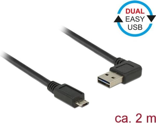 Delock Easy - USB-kabel - USB (hann) venstre/høyre-vinklet til Micro-USB type B (hann) rett - USB 2.0 - 2 m - reversible kontakter - svart