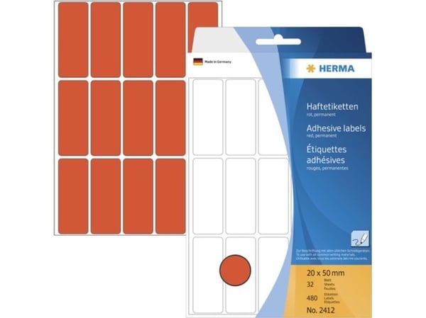 HERMA - Permanet adhesiv - rød - 20 x 50 mm 480 etikett(er) (32 ark x 15) merkelapper