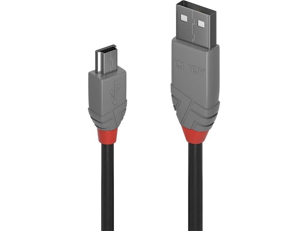 Lindy 36723, 2 m, USB A, Mini-USB B, USB 2.0, 480 Mbit/s, Sort, Grå