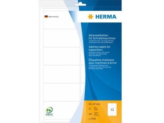 HERMA - Permanent selvklebende - hvit - 94 x 47 mm 240 etikett(er) (20 ark x 12 adresseetiketter)