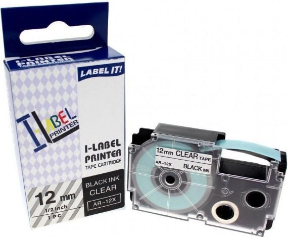 Casio XR-12X1 - Selvklebende - svart på klar - Rull (1,2 cm x 8 m) 1 kassett(er) etikettbånd - for Disc Title Printer CW-L300; KL 170, 60, 60SR, 78...