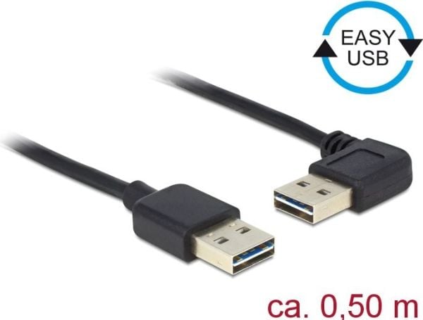 Delock Easy - USB-kabel - USB (hann) venstre/høyre-vinklet, reversibel til USB (hann) reversibel - USB 2.0 - 50 cm - svart