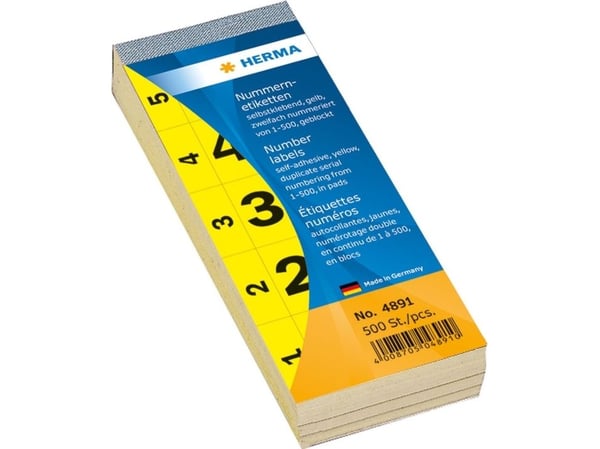 HERMA numerolappu, itseliimautuva, 28 x 56 mm, keltainen 1-500, 5 numeroa per arkki, 100 arkkia per arkki (4891)