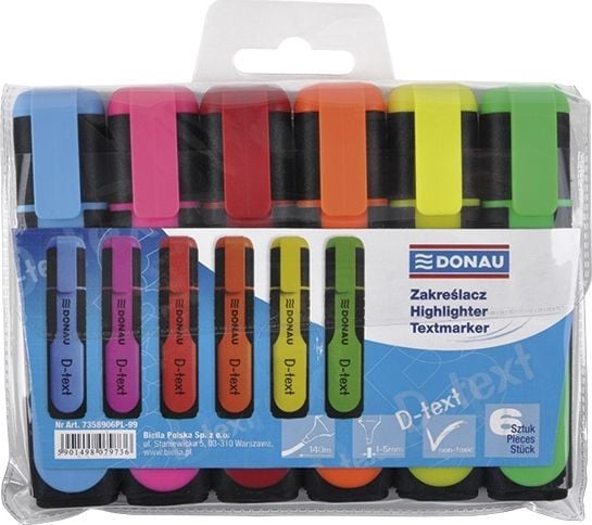 Sett med 6 donau D-text fluorescerende markerpenner 1–5 mm
