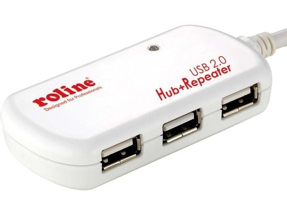 ROLINE USB 2.0 Hub, 4 Ports, with Repeater 12 m, Hvit, 12 mm