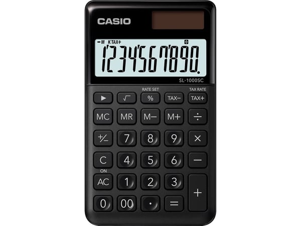 Casio SL-1000SC-BK, Tasku, Perus, 10 lukua, 1 linjat, Akku/Aurinko, Musta