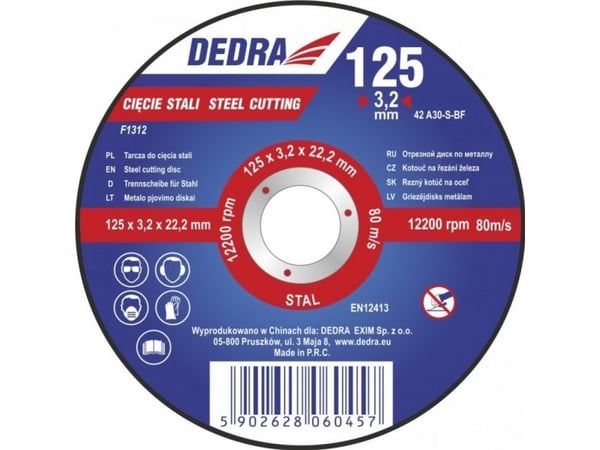 Dedra skivor 230x3,0x22,2 mm för skärning i stål - F1315 Dedra skivor 230x3,0x22,2 mm för skärning i stål - F1315