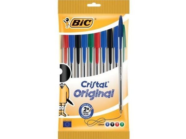 BIC Cristal Original, Klips, Uttrykkbar kulepenn med hengefeste, Gjenfyllbar, Sort, Blå, Grønn, Rød, 10 stykker, Medium