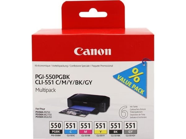 Canon PGI-550/CLI-551 PGBK/C/M/Y/BK/GY Multi Pack - 6-pack - grå, svart, gul, cyan, magenta - original - blekkbeholder - for PIXMA iP7250, iP8750, ...