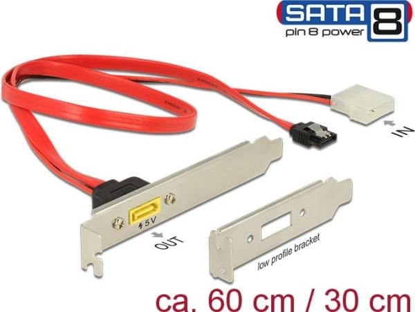 DeLOCK 0.6m, SATA 7p + Molex 2 p/SATA 8p, 0,6 m, SATA III, Uros/uros, Musta, Punainen, Hopea, Suora, Suora