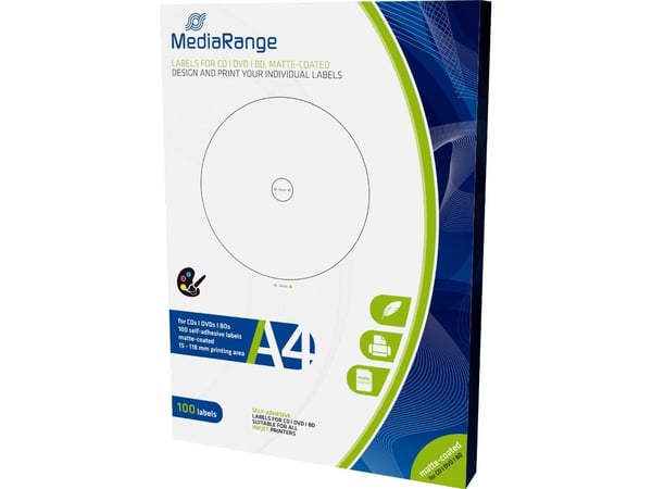 MediaRange - Hvit - CD (15 x 118 mm) 100 etikett(er) (50 ark x 2) CD/DVD etiketter