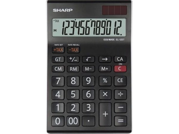 Sharp EL-125T bordsräknare, svart display (inställningar): 12-siffrig solcells- och batteridrift (112 x 13 x 176 mm)