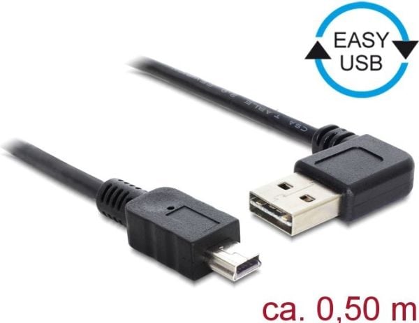 Delock Easy - USB-kabel - USB (hann) venstre/høyre-vinklet, reversibel til mini-USB type B (hann) - USB 2.0 - 50 cm - svart