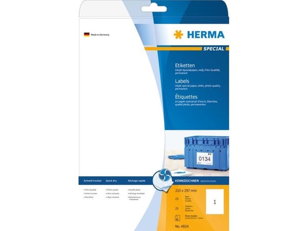 HERMA 4824, Valkoinen, Itse kiinnittyvä tulostintarra, A4, Paperi, Mustesuihku, Kiinteä