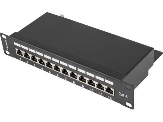 Lanberg PPF6-9012-B - Koblingspanel - rackmonterbar - CAT 6 - STP - RJ-45 X 12 - RAL 9004, svart - 1U - 10"