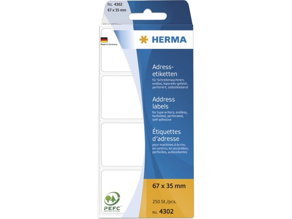HERMA 4302, Valkoinen, Paperi, Matta, 6,7 cm, 3,5 cm, 250 kpl