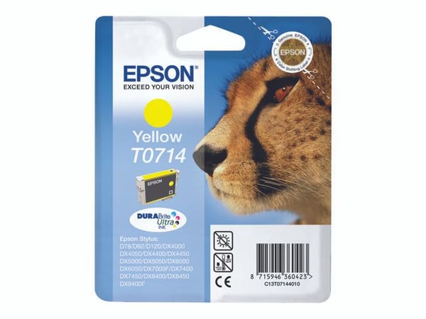 Epson Cheetah Singlepack Yellow T0714 DURABrite Ultra Ink, Keltainen, Väriainepohjainen muste, 1 kpl