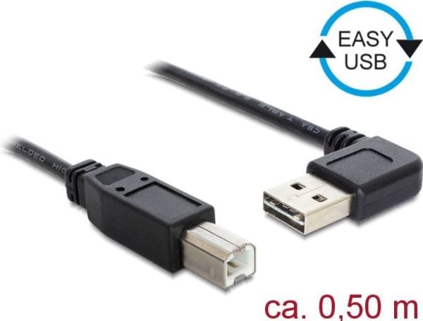 Delock Easy - USB-kabel - USB (hann) venstre/høyre-vinklet, reversibel til USB-type B (hann) - USB 2.0 - 50 cm - svart
