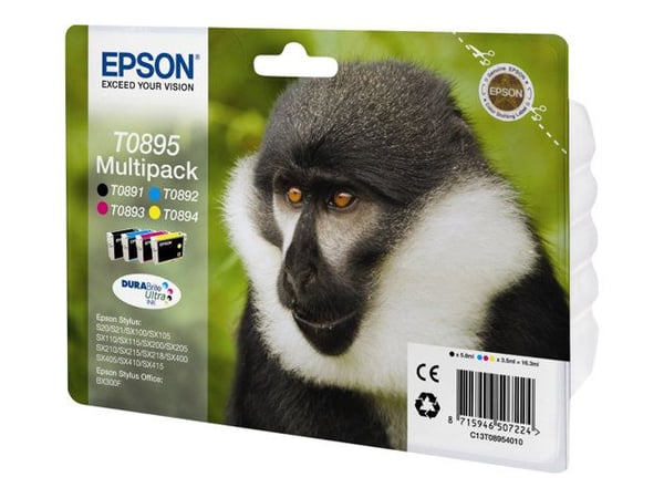 Epson Monkey Monipakkaus, 4 väriä T0895 DURABrite Ultra -muste, musta, Syaani, Magenta, Keltainen, 5,8 ml, 3,5 ml, 1 kpl, Monipakkaus