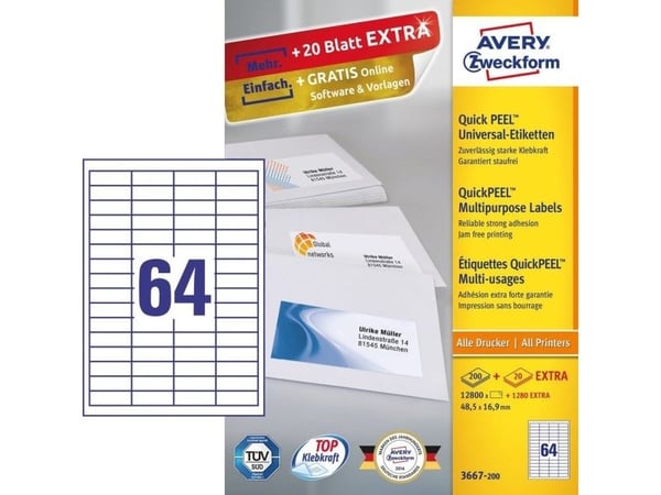 Avery Zweckform Universal - Papir - permanent klebemiddel - hvit - 48,5 x 16,9 mm 12800 etikett(r) (200 ark x 64) etiketter