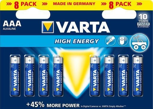 Varta High Energy AAA, Engangsbatteri, Alkalinsk, 1,5 V, 8 stykker, Blå, Sølv, AAA