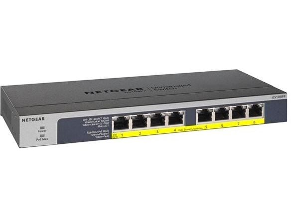 NETGEAR GS108PP - Switch - 8 x 10/100/1000 (PoE+) - stasjonær, rackmonterbar, veggmonterbar - PoE+ (123 W) - DC-strøm