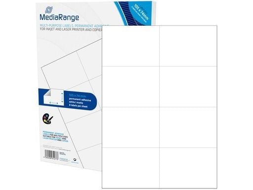 MediaRange - Matt - permanet adhesiv - matt hvit - 105 x 74 mm 400 etikett(er) (50 ark x 8) flerbruks merkelapper